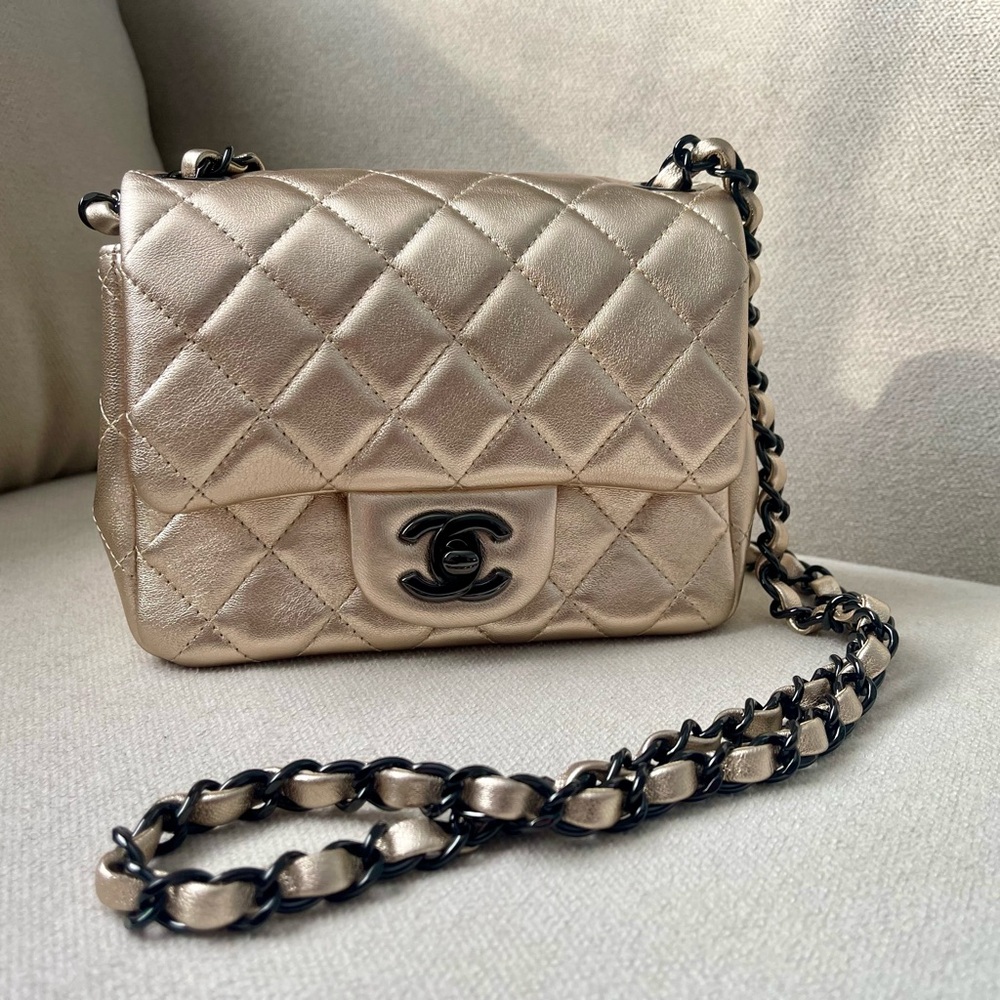 Authentic Chanel Metallic Lambskin Quilted Mini Square Flap